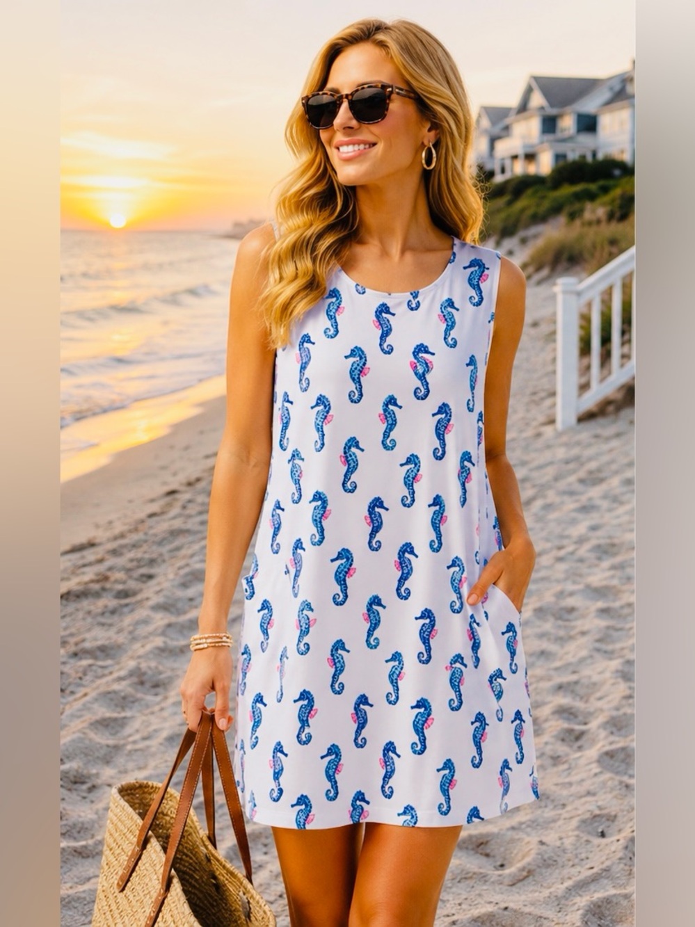 Lula-B’s signature White/blue Sleeveless Seahorse-Print Midi Dress BNWT SFH